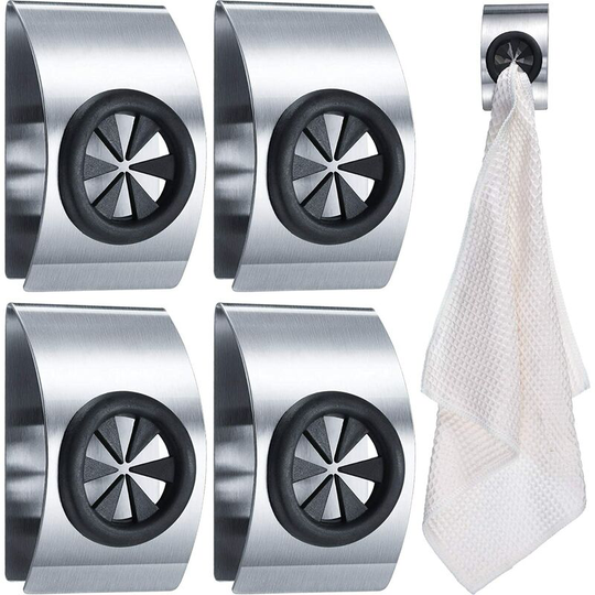 4 Pieces Self Adhesive Towel Rack Stainless Steel Grabber Kitchen Towel Hook Wall Mounted Towel Holder Non-Drilling Towel Rack Push Towel Rack for
