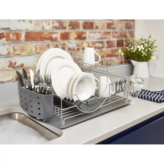 Tower T847002 Compact 2-Tier Dish Rack with Cutlery Drainer, Removable Draining Tray, Colour Coated Steel, Grey , 33 x 61 x 24 cm