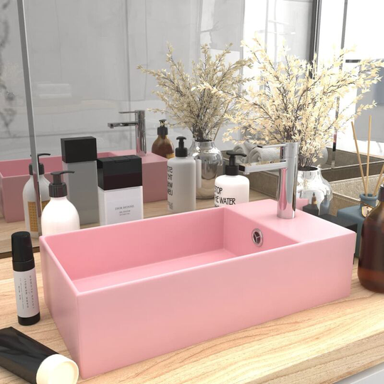 Bathroom Sink with Overflow Ceramic Matt Pink - Pink
