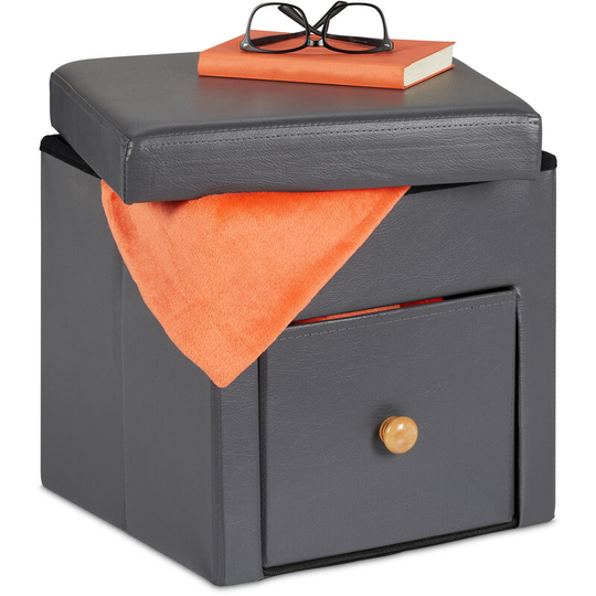 Footstool with Storage Space, Folding Stool Seat, hwd: 38 x 37 x 38 cm, with Drawer, for Armchairs, Grey - Relaxdays