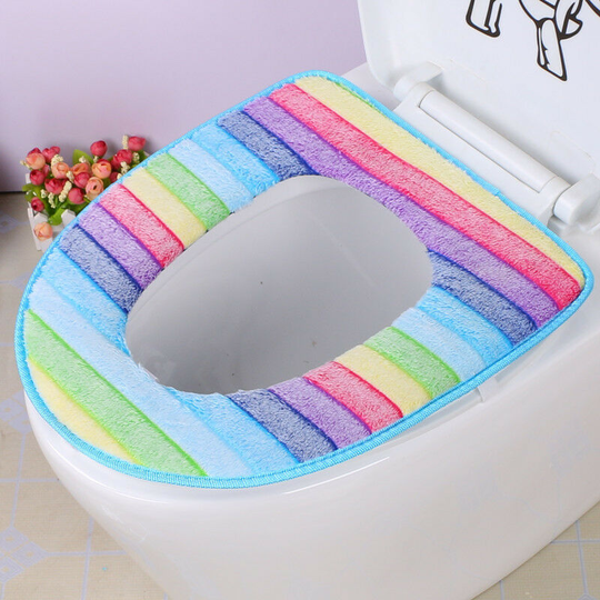 Washable Blue Fringe Toilet Seat Pads for Bathroom Soft Warmer Washable Cloth Zippered Super Soft for Bathroom (Rainbow Colors)