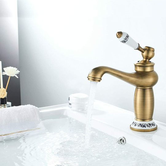 Litzee - Retro Bathroom Faucet, Basin Faucet Ceramic Handle Single Handle Basin Mixer Tap, Hot and Cold Water Bathroom Faucet, Brass