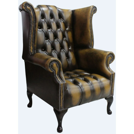 Chesterfield Buttoned Seat Queen Anne High Back Wing Chair Antique Gold Leather