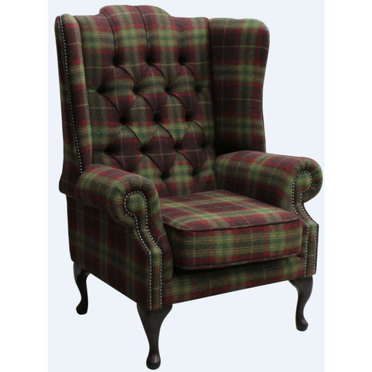 Chesterfield Mallory Wool Wing Chair Fireside High Back Armchair Threshfield Tourmaline Check Tweed