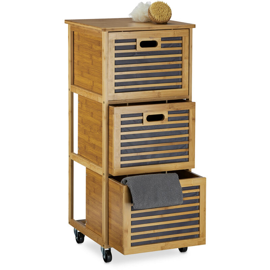 Rolling Tall Cabinet w/ Drawers made of Bamboo w/ 3 Compartments Cabinets, Size: 92 x 41 x 41 cm Bathroom Storage Solution w/ 3 Boxes w/ Wheels as