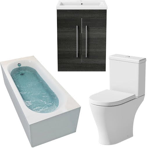 Arles Bathroom Suite with Single Ended Curved Bath & Aurora Charcoal Grey Vanity Unit - 1700mm
