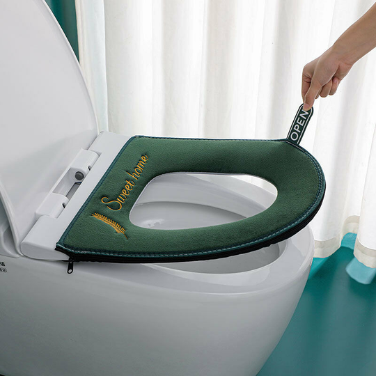 Household waterproof plush thickened toilet cover All year round universal zipper toilet pad with handle toilet seat cover (green)