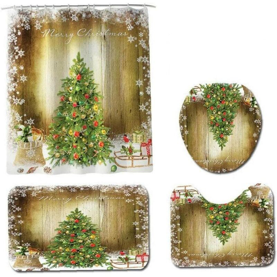 Kartokner - 4pcs Christmas Tree Shower Curtain Christmas Tree Printed Shower Curtain Toilet Bathroom Curtain with Hooks Gift