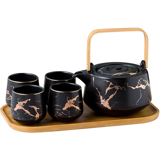 Japanese Style Ceramic Tea Set, Elegant Teapot And 4 Teacups With Wood Tray For Afternoon Tea Home Decor Restaurant Tea Party - Marble Patterns (White