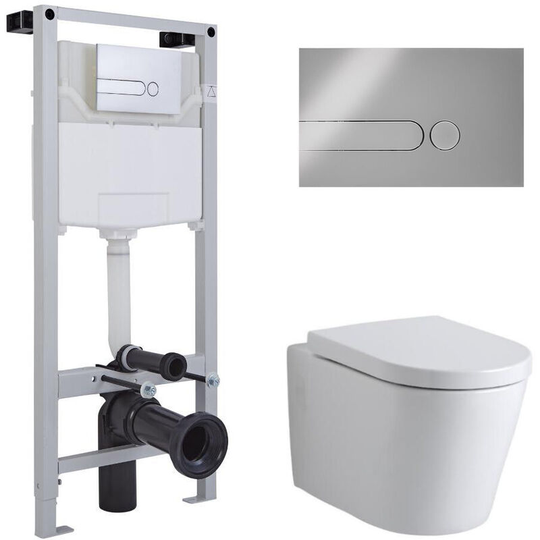 Milano Ballam - White Ceramic Modern Bathroom Wall Hung Round Toilet WC with Tall Wall Frame, Dual Flush Cistern, Soft Close Seat and Dot Chrome