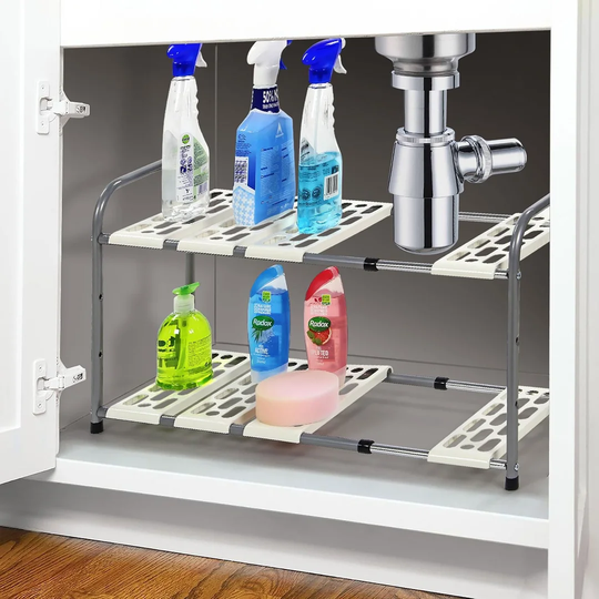 Leilani 2 Tier Under Sink Storage Organiser Extendable Kitchen Shelf Rack