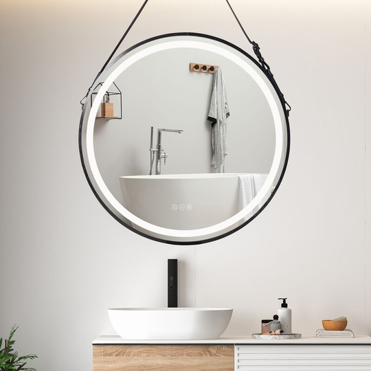 600mm Round led Illuminated Bathroom Mirror with Demister and Touch Control Sensor Makeup Mirror With Hanging Belt, Black