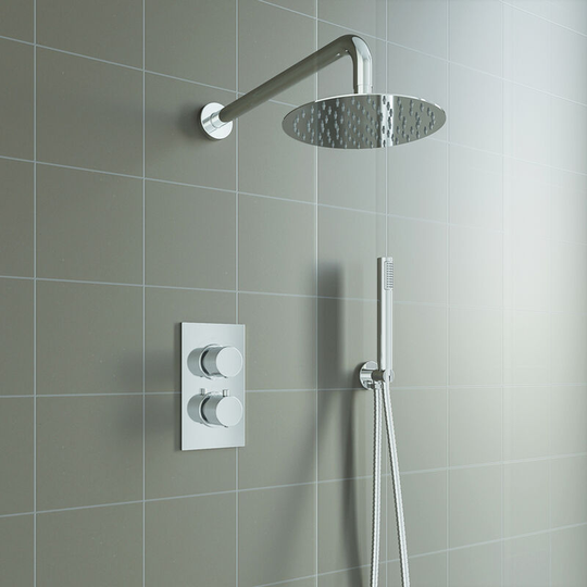 Aica Round Chrome Thermostatic Shower Mixer Bathroom Concealed Twin Head Valve Set