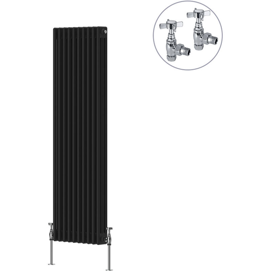 NRG - Black Traditional Cast Iron Style Radiator with Chrome Angled Cross Head Manual Valves Vertical 3 Column 1500x472mm