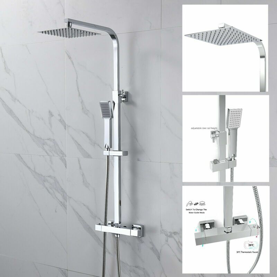Thermostatic Mixer Shower Set Square Chrome Twin Head Exposed Valve