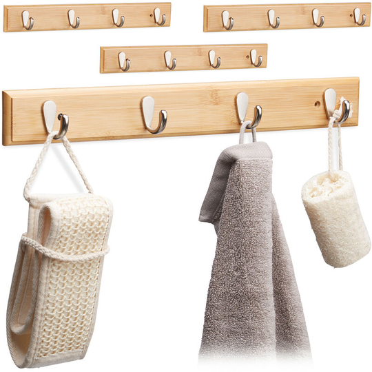 Relaxdays - Set of 4 Wall Coat Racks, Natural Grain, Bamboo & Metal, Hallway, Towel Holder, 4 Hooks, 6x48.5x5 cm, Natural