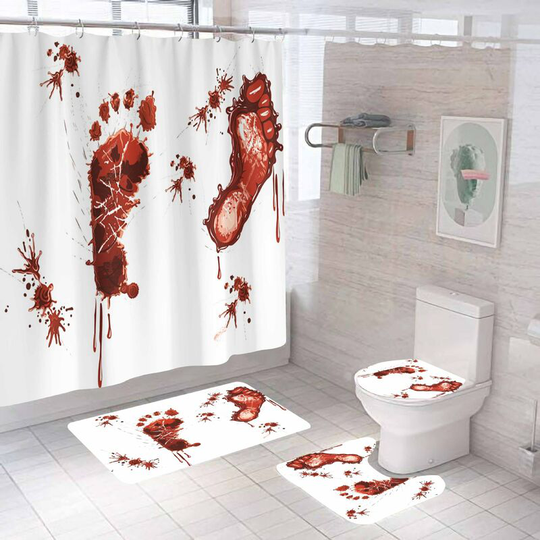 Bloody Footprints Halloween Shower Curtain Sets, Halloween Bathroom Decor Set 71 inch x 71 inch - Shower Curtain with Mat, Toilet Lid Cover, Bath Mat