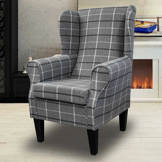 Grey Tartan Wingback Armchair