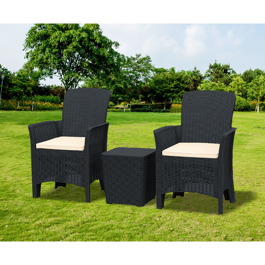 Ophelia 3-Piece Rattan Garden Furniture High Back Armchair Set with Side Table in Black - Homeology
