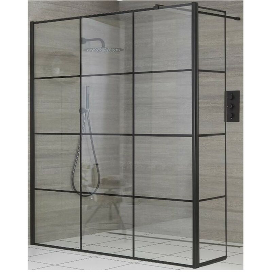 Barq - 760mm Recessed Walk In Wet Room Shower Enclosure with Grid Pattern Screen, Hinged Return Panel, Support Arm and 1200mm Stainless Steel Tile