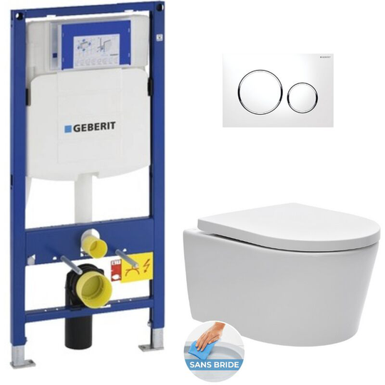 Geberit - Toilet set Frame with SATrimless toilet, invisible fixings + Softclose seat + White chrome flush plate (GebSatrimless-C)