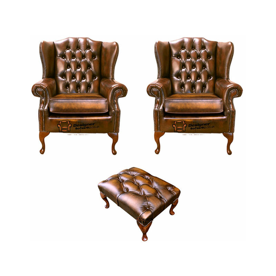Chesterfield 2 x Mallory Wing Chair + Footstool Leather Sofa Suite Offer Antique Gold