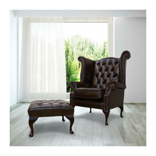 Antique Brown Leather Chesterfield Queen Anne High Back Wing Chair + Footstool Offer