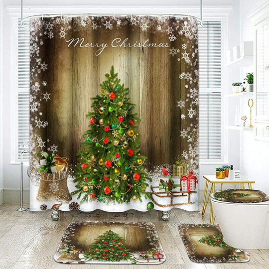 Ilovemilan - 4 Piece Shower Curtain Sets with 12 Hooks, Wood Merry Christmas Tree with Non-Slip Rugs, Toilet Lid Cover and Bath Mat, Durable and