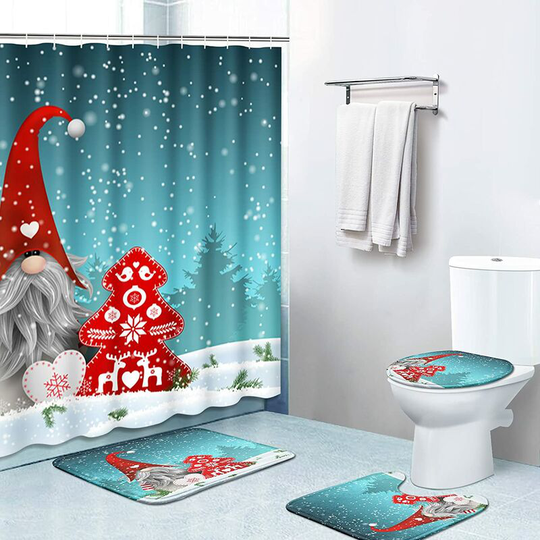 Ilovemilan - 4 Piece Shower Curtain Sets with 12 Hooks, Christmas Snowflake Cute Gnome with Non-Slip Rugs, Toilet Lid Cover and Bath Mat, Durable and