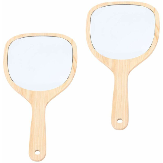 Einemgeld - Wood Makeup Mirrors, 2pcs Portable Wooden Handle Hand Held Makeup Mirrors Vintage Wood Vanity Cosmetic Mirror Travel Makeup Mirror for