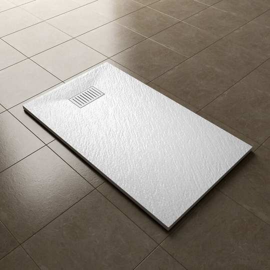 1200x700mm Slip-Resistance Shower Tray White Slate Effect Square Shower Enclosure Base with Waste Trap and Stainless Steel Drain Cover b - Elegant
