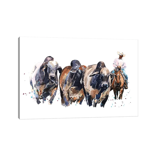 Brahman Cattle and Cowboy - Painting Print on Canvas