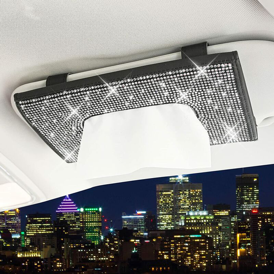 Bling Bling Tissue Box Holder for Car Sun Visor, Sparkling Crystal Towel Holder, Backseat pu Leather Tissue Case, Women Car Accessories, Black
