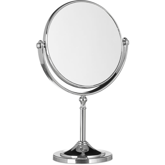 Magnifying Vanity Mirror, Round Standing Makeup Mirror, Cosmetics, Two-Sided, hwd: 28x18x10cm, Silver - Relaxdays