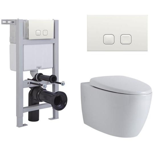 Milano - Altham - White Ceramic Modern Bathroom Wall Hung Round Rimless Toilet wc with Short Frame Cistern and Square White Flush Plate