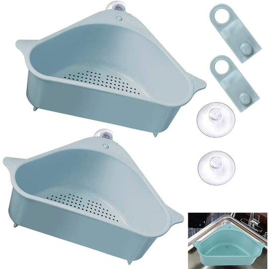 Perle Rare - 2 Pack Colander Sink Storage Rack, Sink Drainer Strainer with Triangular Filter Drain Tray with Suction Cup Kitchen Sink, Blue