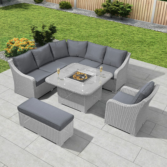 Novaoutdoorliving - Nova - Deluxe Harper Outdoor Rattan Corner Dining Set - Fire Pit Garden Table & Sofa with Armchair & Stool - White Wash