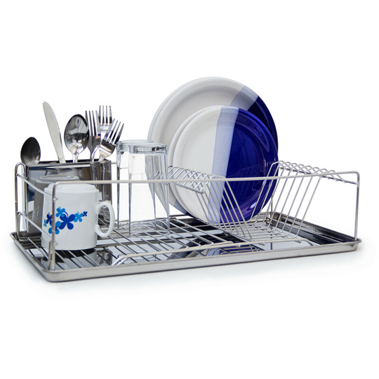 Relaxdays - Metal Dish Rack Draining Rack with Drip Tray and Cutlery / Silverware Basket, 33 x 48 x 12 cm, Silver