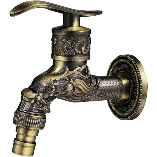 Retro Brass Wall Mounted Faucet, G1/2' Outdoor Garden Faucet, Antique Brass Faucet, Vintage Wall Mounted Faucet, Antique Copper Dragon Carved Faucet