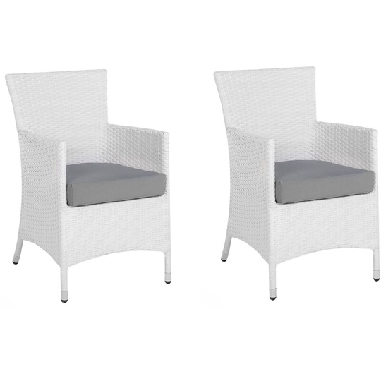 Modern Outdoor Garden Ding Chairs Set of 2 White Faux Rattan Grey Cushion Italy - White