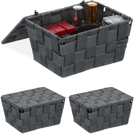 Set of 3 Relaxdays Lidded Storage Baskets with Lid, Bathroom Storage, pp, HxWxD: 10.5 x 19.5 x 14.5 cm, Grey