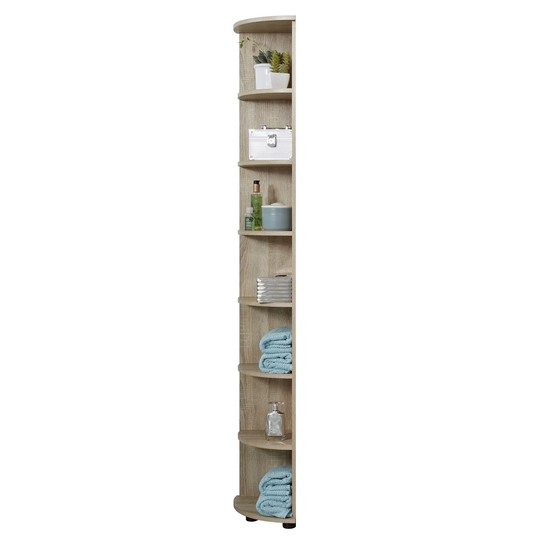 Runnermoon bathroom shelf with 7 open compartments in light oak decor.