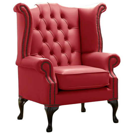 Chesterfield Queen Anne High Back Wing Chair Shelly Cherry Leather