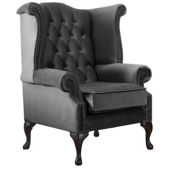 Chesterfield Queen Anne High Back Wing Chair Malta Slate Grey Velvet Fabric