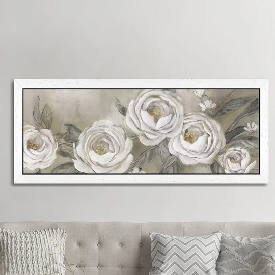 'Cottage Roses' by Carol Robinson - Floater Frame Panoramic Painting Print on Canvas