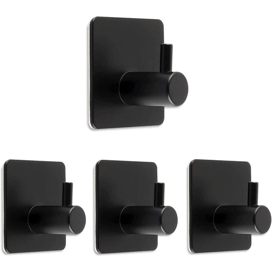 4 Pieces Black Adhesive Hook, 8kg Max Bathroom Wall Hook, Stainless Steel, Self Adhesive Hook No Trace, Towel Holder with Adhesive for Family and