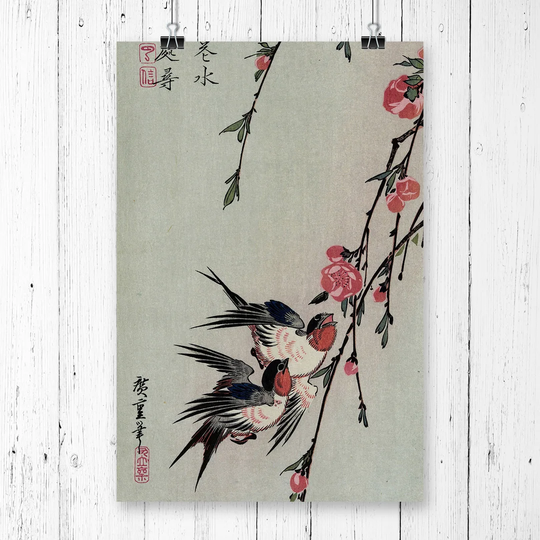 "Japanese Oriental Moon Swalls Peach Blossoms" by Hiroshige Painting Print