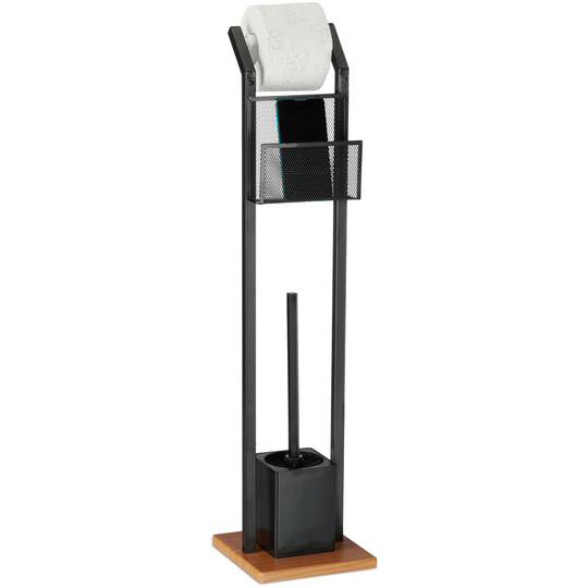 Toilet Accessory Set with Tray, Paper Holder, Toilet Brush with Holder, Square Base, Wooden Look, h 78 cm, Black - Relaxdays