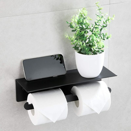Toilet Paper Holder Self Adhesive Double Toilet Paper Roll Holder No Drilling for Bathroom and Kitchen Matte Black