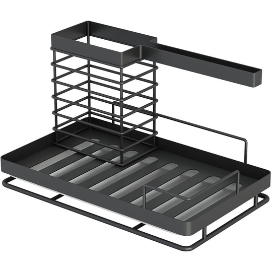 Superseller - Kitchen Sink Organizer Caddy with Drain Pan Tray Sponge Scrubber Brush Dishcloth Holder Counter Rack Anti-Rust Surface Treatment - Black